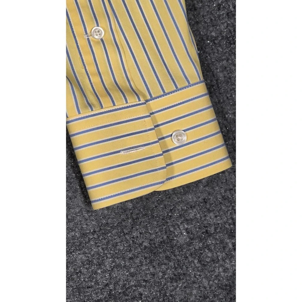 Paul Fredrick men's dress shirt‎ in a yellow base with blue stripe pattern, size